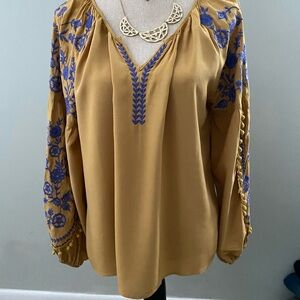 Embroidered Mustard Peasant Blouse - Women's Top